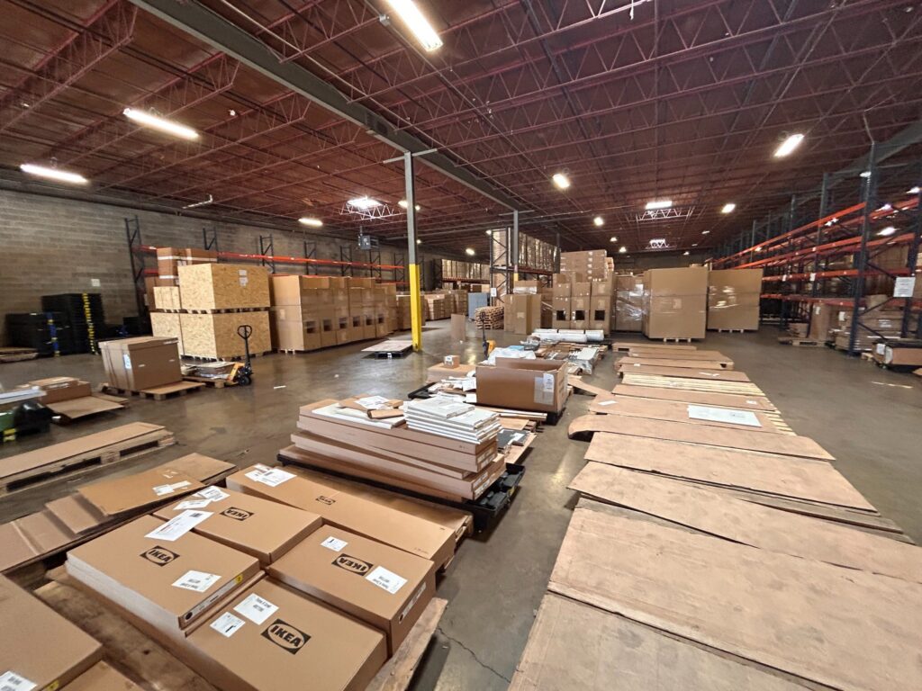 Furniture and pallet staging on the warehouse floor